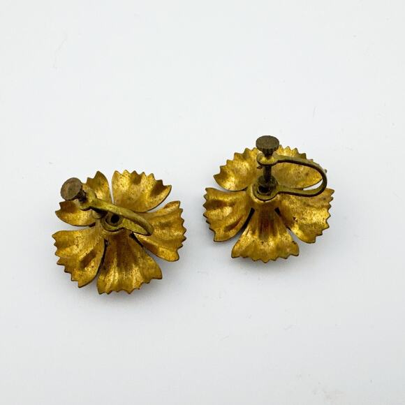 Vintage Black Enamel Flower‎ Screw Back Earrings Mid Century Floral Jewelry - Picture 4 of 10